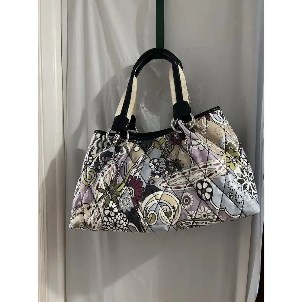 Brighton Blue Purple Floral Paisley Quilted Vinyl Covered Tote Bag 17x10x6 - Picture 6 of 16